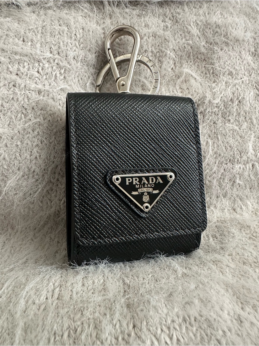 Prada Saffiano Leather AirPods Case Keychain Nero Black 2TT133